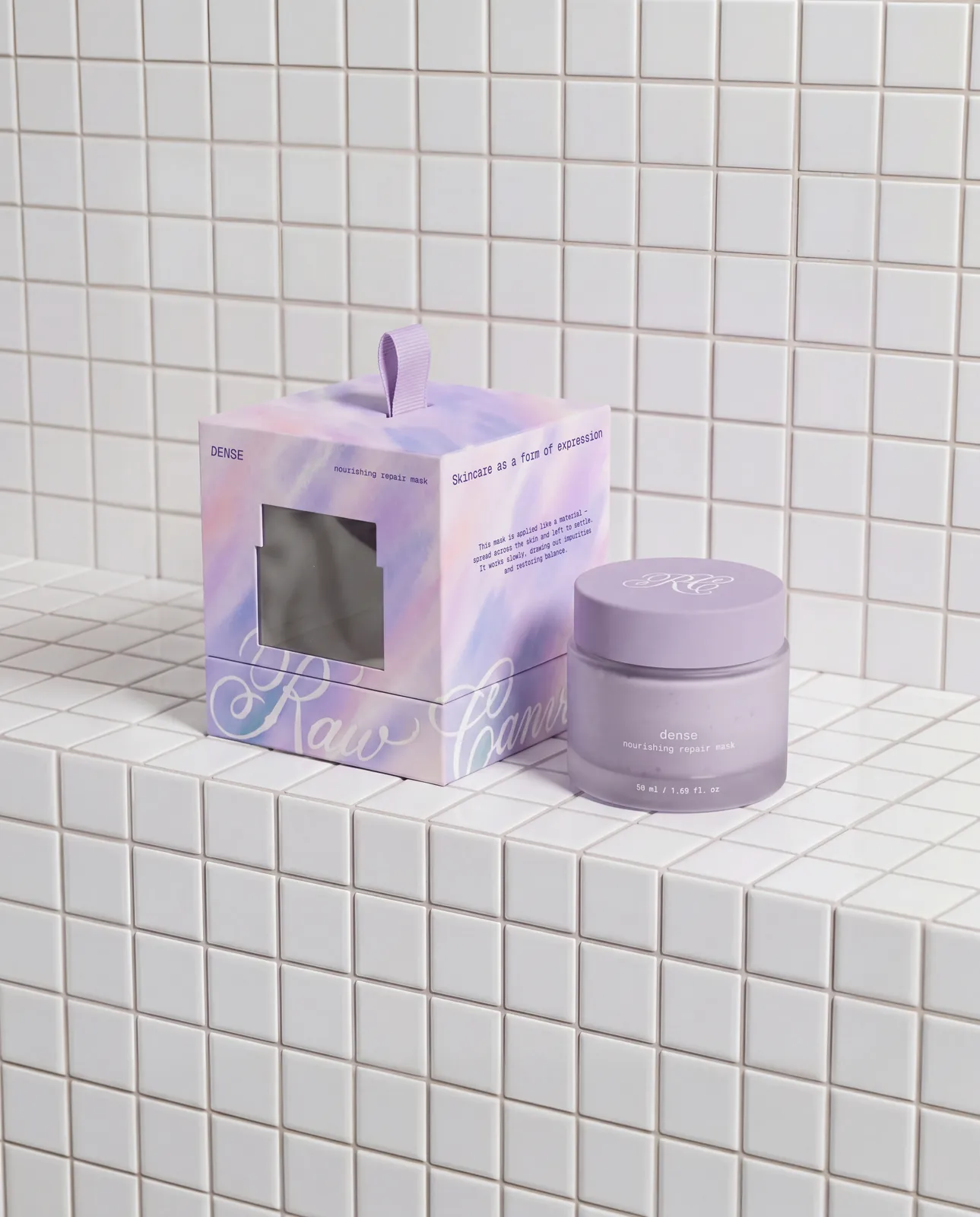 Lavender bath packaging on a tiled surface