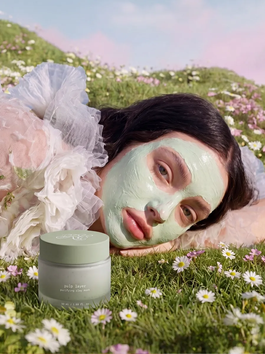 Woman with a clay mask lying in a meadow